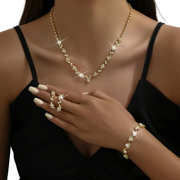 Săculeț Gracios pentru Femei cu Flori Colier Cercei Brățară Aliaj de Cupru Accesorii de Nuntă Set de Bijuterii Elegante aur