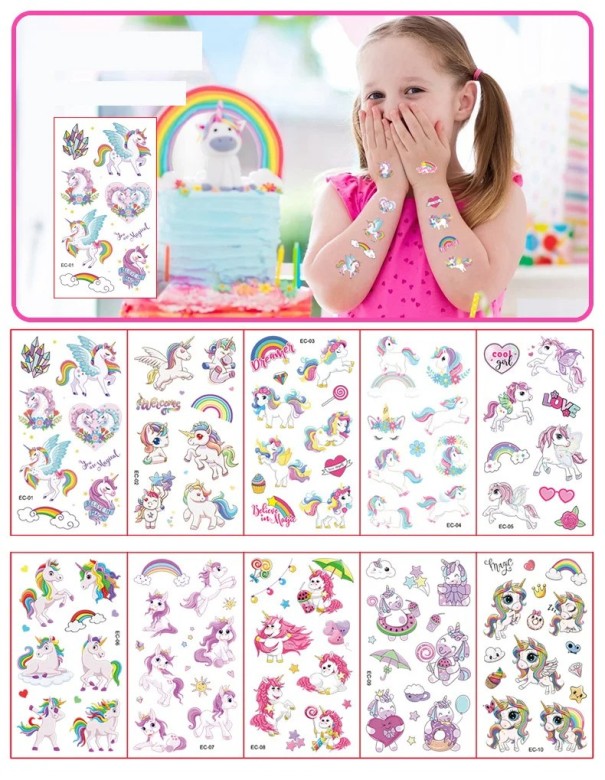 Sada 10 archov dočasných tetovaníe 12 x 7 cm s jednorožcami, dúhou, kvetmi a srdiečkami, farebné tetovacie samolepky 1