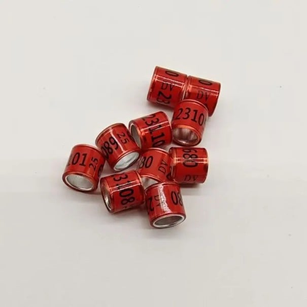 Sada 100 ks barevných lesklých kroužků 8 mm na nohy ptáků Vysoce kvalitní plast a hliník Identifikační klipy na kroužkování holubů, papoušků a drůbeže červená
