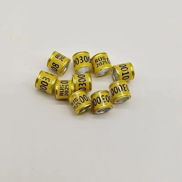 Sada 100 ks barevných lesklých kroužků 8 mm na nohy ptáků Vysoce kvalitní plast a hliník Identifikační klipy na kroužkování holubů, papoušků a drůbeže žlutá
