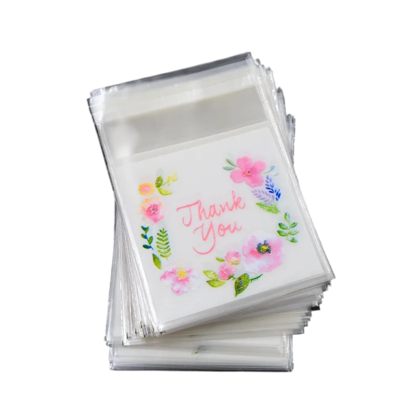 Sada 100 ks průhledných dárkových sáčků 7×7 cm s květinovým potiskem „Thank You“, samolepicí balení na drobnosti 1