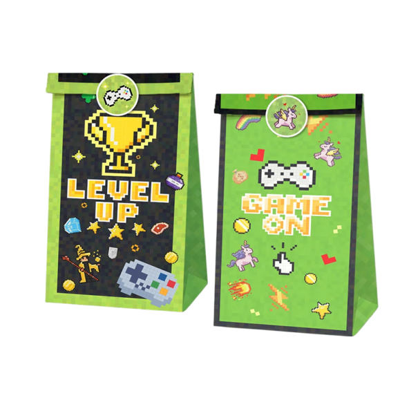 Sada 12 kraftových dárkových sáčků 22 x 12 x 8 cm a 18 samolepek 3,8 cm s herními motivy Gaming papírové tašky pro dárky oslavy párty 1