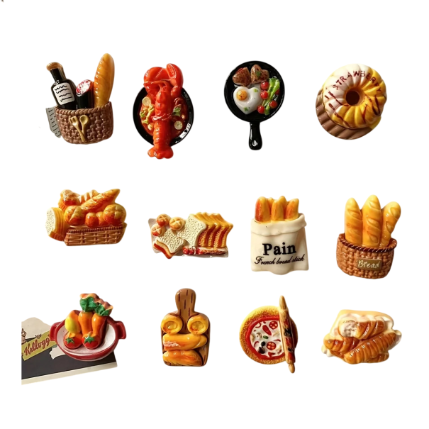 Sada 12 ks magnetky 3D 2–3,5 cm pryskyřice motiv jídla dekorativní magnety na lednici a kovové plochy do kuchyně 1