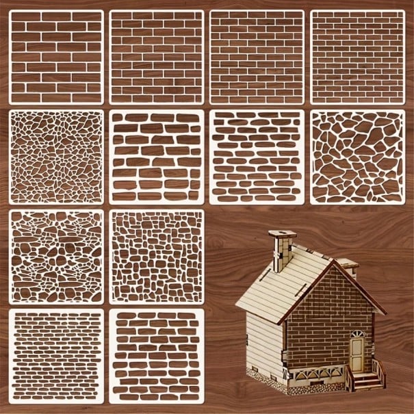 Sada 12 plastových šablon cihlové vzory 15x15 cm opakovaně použitelné šablony pro malování stěn nábytku a dekorací 1