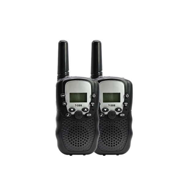 Sada 2 dětských vysílaček T-388 s dlouhým dosahem 8 kanálů frekvence 446 MHz LCD displej a svítilna na 4x AAA baterie pro děti černá