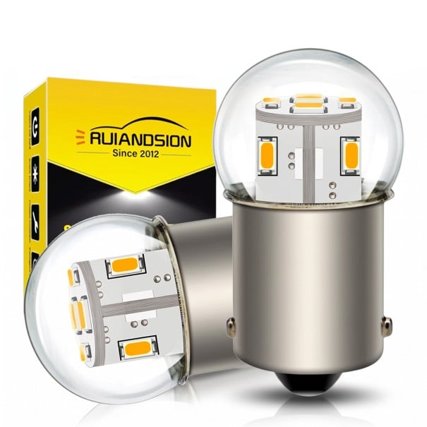 Sada 2 ks LED autožárovek RUIANDSION BA15D 48 V Studená biela farba Číra guľatá baňka Čipy po obvode aj hore Náhrada do svetiel automobilu 1