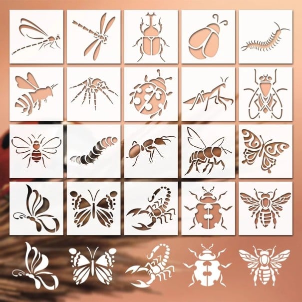 Sada 20 ks plastových šablon hmyz 7,5x7,5 cm opakovaně použitelné šablony pro malování dekorace stěn nábytku DIY motivy 1