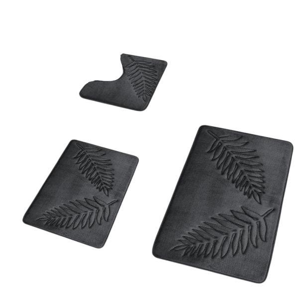 Sada 3 koupelnových předložek s dekorem listů 60 x 40 cm 80 x 50 cm a U předložka 40 x 50 cm s měkkým povrchem do koupelny šedá