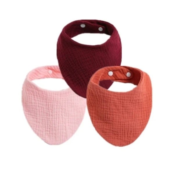 Sada 3 ks bryndákov pre deti v červených odtieňoch Rozmer jedného kusu 40 x 15 cm Nastavenie obvodu cvokmi Šatkový tvar kryjúci hrudník 1