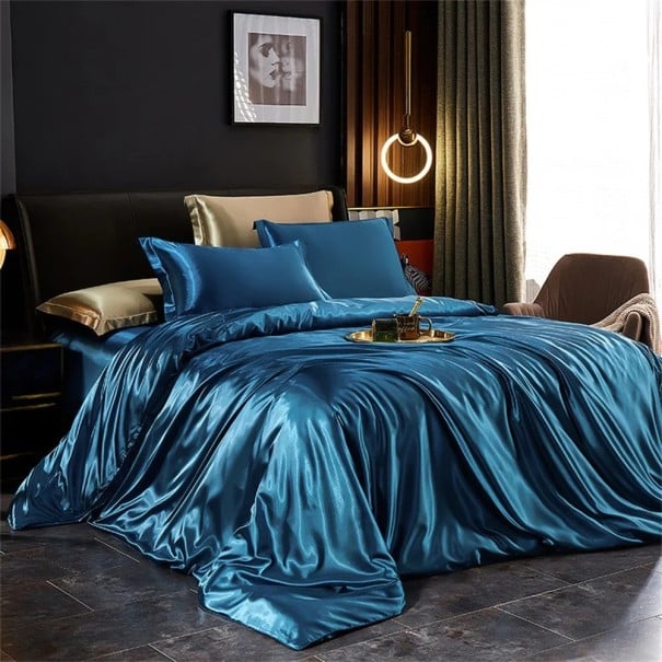 Sada 3 ks povlečení Queen Size Povlak na přikrývku 200 x 230 cm 2x povlak na polštář 48 x 74 cm Lesklé ložní povlečení modrá