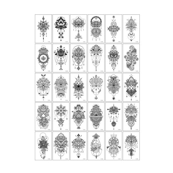 Sada 30 ks dočasných tetovaní 5,7 x 9,7 cm detailné čierne motívy mandál, kvetín a ornamentálnych vzorov 1