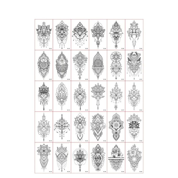 Sada 30 ks dočasných tetovaníe 5,7 x 9,7 cm mandala kvet lotus ornamentálne vzory dekoratívne unisex motívy 1