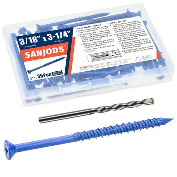 Sada 35 ks šroubů do betonu 3/16" x 8 cm nerezová ocel modré ploché vruty do zdiva cihel cementu s vrtákem 1