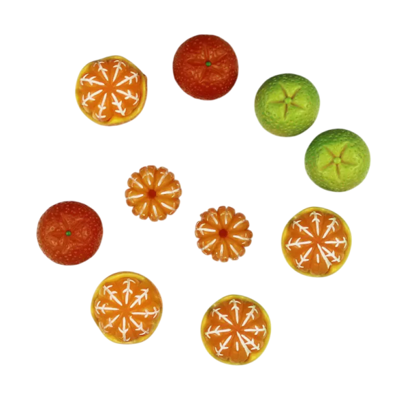 Sada 3D magnetky mandarinky 10 ks oloupané i neoloupané pryskyřice s magnetem mix barev dekorace na lednici nástěnku 1