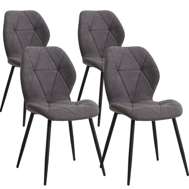 Sada 4 ks jedálenských stoličiek s ergonomickým opierkou, 86x48 cm, ľanový poťah a čierne kovové nohy, nosnosť 120 kg, do jedálne sivá
