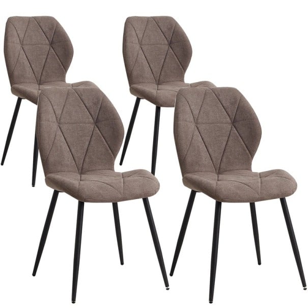 Sada 4 ks jídelních židlí s ergonomickým opěradlem, 86x48 cm, lněný potah a černé kovové nohy, nosnost 120 kg, do jídelny hnědá