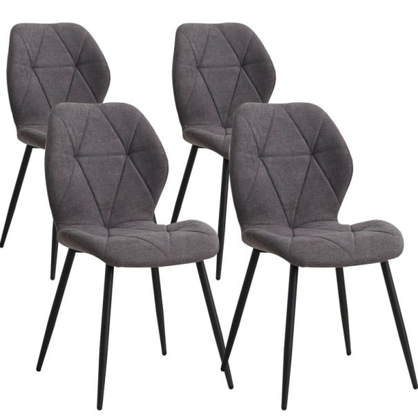 Sada 4 ks jídelních židlí s ergonomickým opěradlem, 86x48 cm, lněný potah a černé kovové nohy, nosnost 120 kg, do jídelny šedá