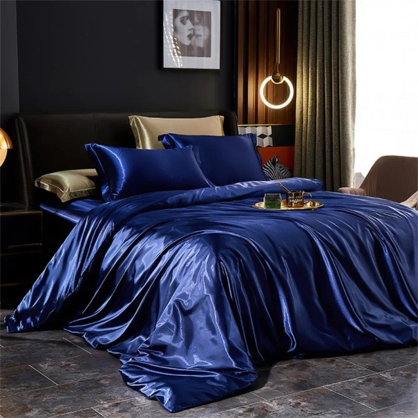 Sada 4 ks povlečení Twin Size Povlak na přikrývku 150 x 200 cm Prostěradlo 170 x 230 cm 2x povlak na polštář 48 x 74 cm Lesklé povlečení tmavě modrá