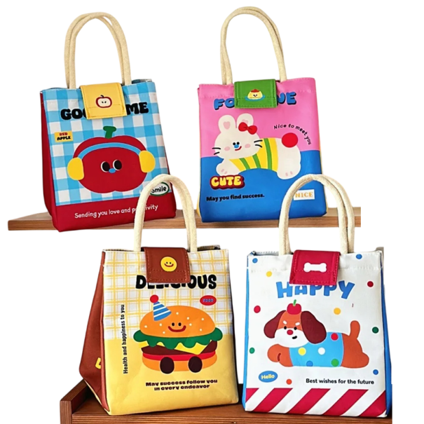 Sada 4 obedových termo tašiek jablko králik hamburger psík 19x22,5x17 cm Izolačné chladiace tašky na jedlo s fóliou zipsom a drukmi 1