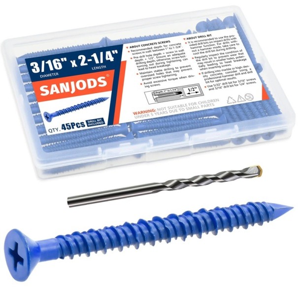 Sada 45 ks skrutiek do betónu 3/16" x 5,7 cm nerezová oceľ modré ploché vruty do zdiva tehál cementu s vrtákom 1