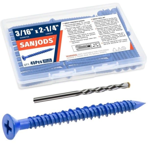 Sada 45 ks šroubů do betonu 3/16" x 5,7 cm nerezová ocel modré ploché vruty do zdiva cihel cementu s vrtákem 1