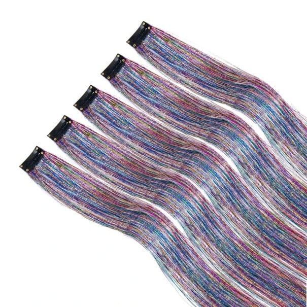 Sada 5 ks třpytivé pramínky do vlasů lamety 50 cm syntetické prodloužení vlasů klipové uchycení pro styling účesu vícebarevná
