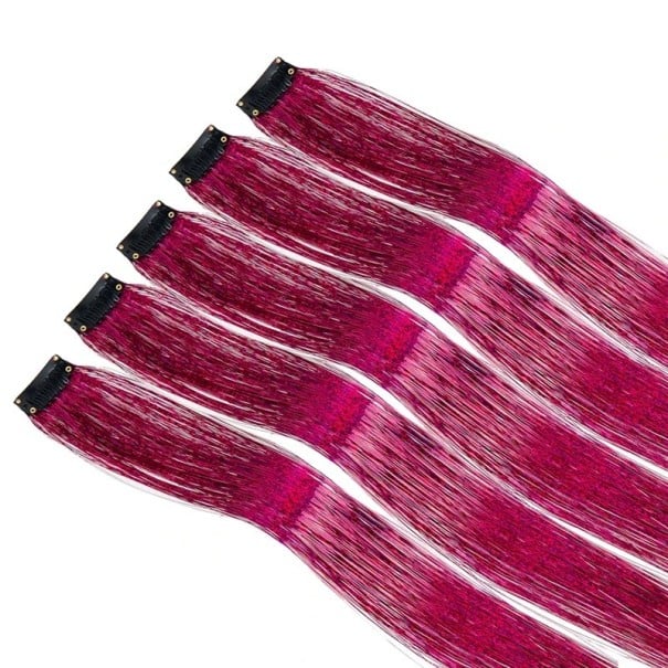 Sada 5 ks třpytivé pramínky do vlasů lamety 50 cm syntetické prodloužení vlasů klipové uchycení pro styling účesu růžová
