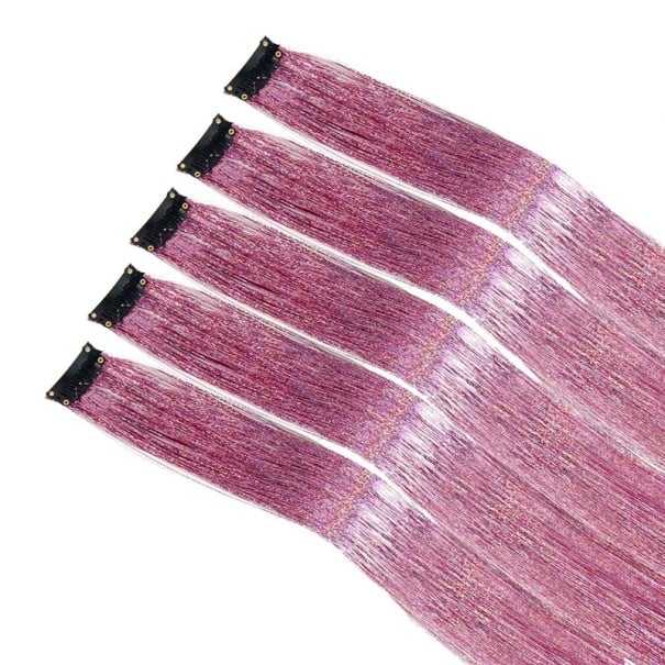 Sada 5 ks třpytivé pramínky do vlasů lamety 50 cm syntetické prodloužení vlasů klipové uchycení pro styling účesu světle růžová