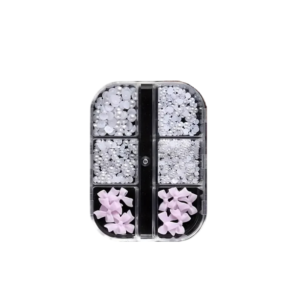 Sada 500 ks dekorací na nehty 3D pryskyřičné mašle perličky s plochým zadním okrajem mix tvarů nail art DIY ozdoby manikúra plast 1