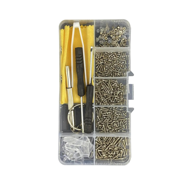 Sada 500 ks šroubků pro opravu brýlí mini šrouby matice podložky šroubováky nosní opěrky v boxu pro servis brýlí 1