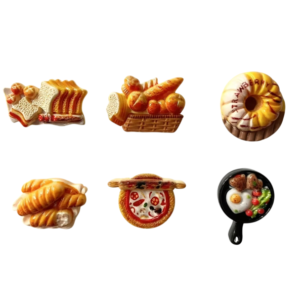 Sada 6 ks magnetky 3D 2–3,5 cm pryskyřice jídlové motivy dekorativní magnety na lednici a kovové povrchy 1