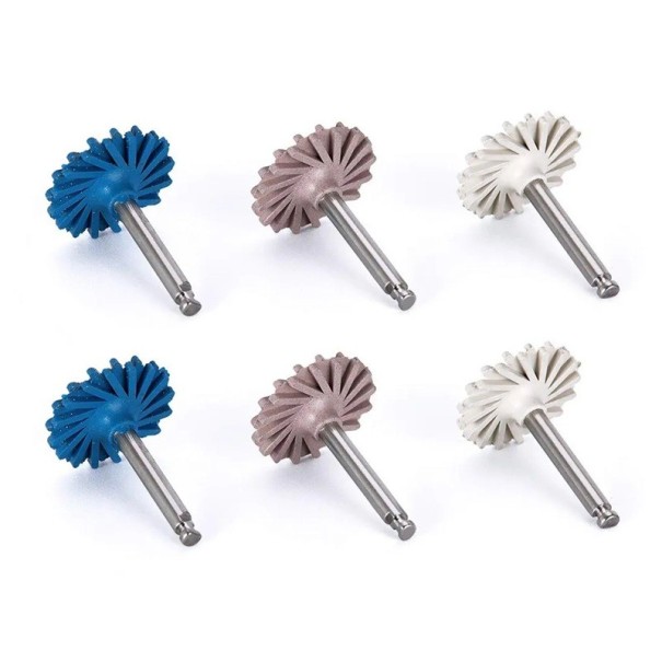 Sada 6 zubných leštičiek z gumy pre kompozitné živice Diamantové RA kotúče spirálové flexibilné nástroje 21 x 14 mm strieborná