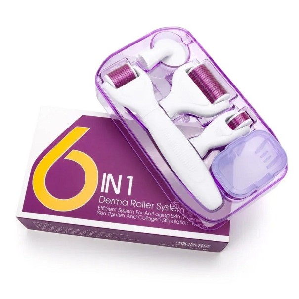 Sada 6v1 na mezoterapii Derma roller se 4 vyměnitelnými nástavci různých velikostí Set s masážním rollerem s jehličkami na celé tělo 13,8 cm fialová
