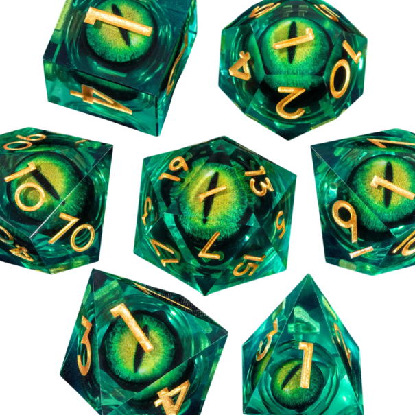 Sada 7 ks hracích kociek s motívom oka Mnohostenné fantasy kocky pre Dračí doupě RPG stolné hry zelená