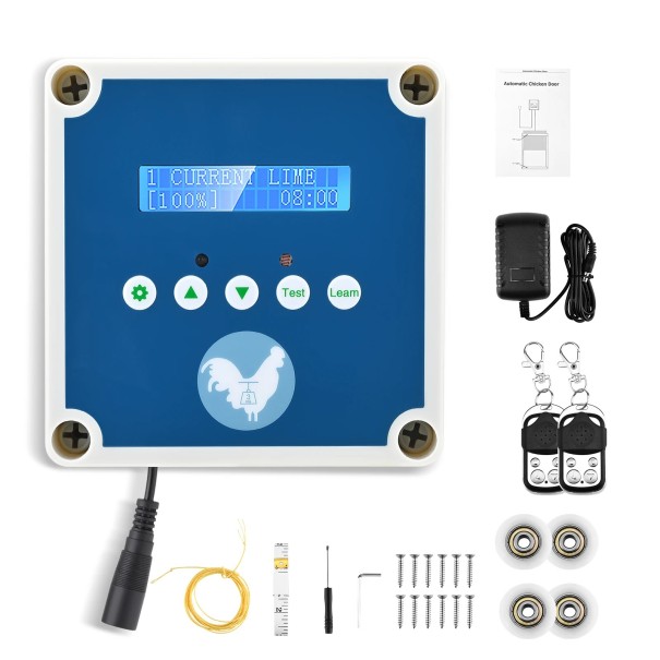 Sada automatického otvírače dvířek kurníku LCD displej a tlačítka Test i Learn Snímač jasu 23 úrovní ABS a IP65 Pro kurník a výběh modrá