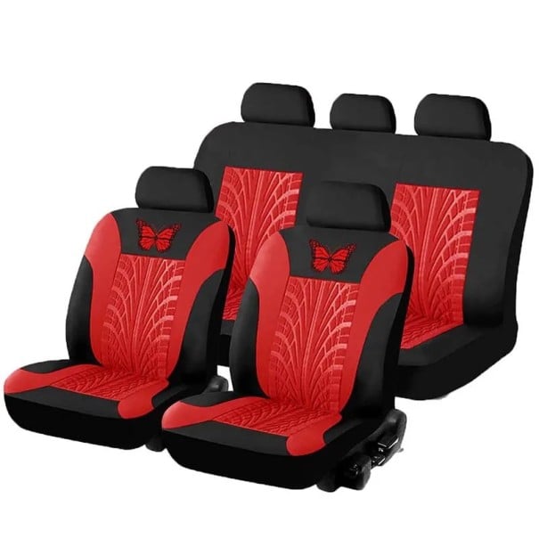Sada autopotahů na 5 sedadel Design pneumatiky s motýlkem Ochranné potahy na autosedačky Polyester Stylový vzor Snadná údržba Univerzální červená