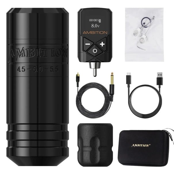 Sada bezdrátového tetovacího pera Ambition Torped-36 v černém provedení bezkartáčový motor nastavitelný zdvih 4,5-5,5 mm 2400 mAh 1