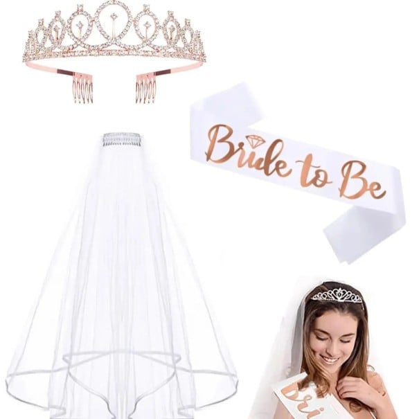 Sada Bride To Be závoj 60 cm + šerpa 158 x 9,5 cm + čelenka s kamienkami Svatebný set na rozlúčku so slobodou Champagne