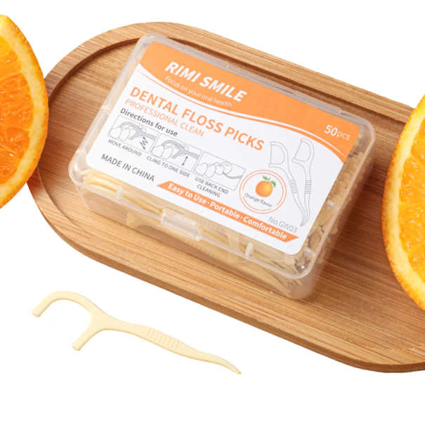 Sada dentálních nití s párátkem 50 ks 2v1 držák s nití plastové barevné krabička pro čištění mezizubních prostor Orange