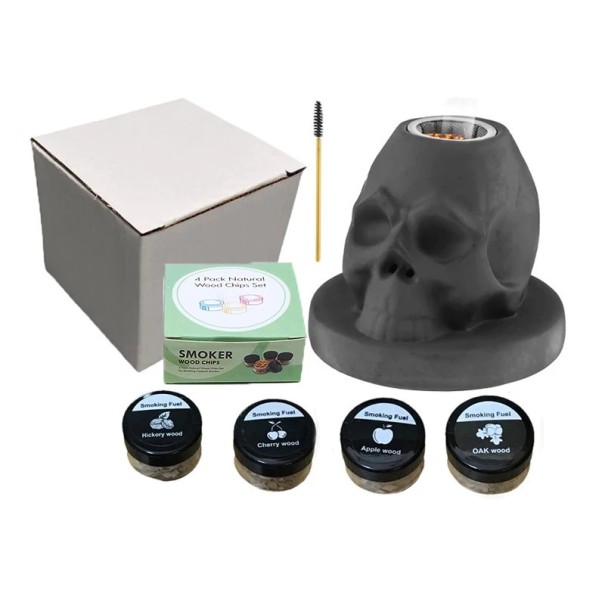 Sada infuzér na kouř lebka + 4 druhy dřevěných štěpek vysokoteplotní keramika černý pro bourbon whisky koktejly 1