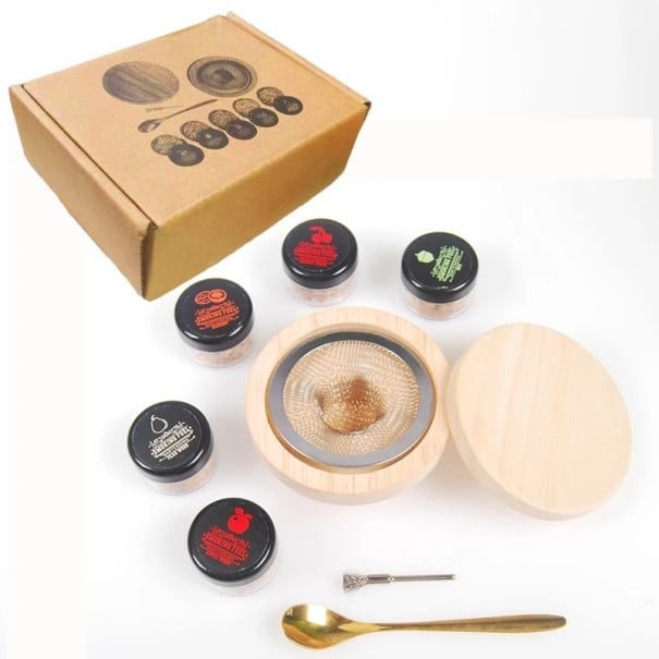 Sada infuzér na kouř na whisky dřevěný + 5 druhů štěpek kartáček a lžička světlé dřevo pro aromatizaci nápojů 1