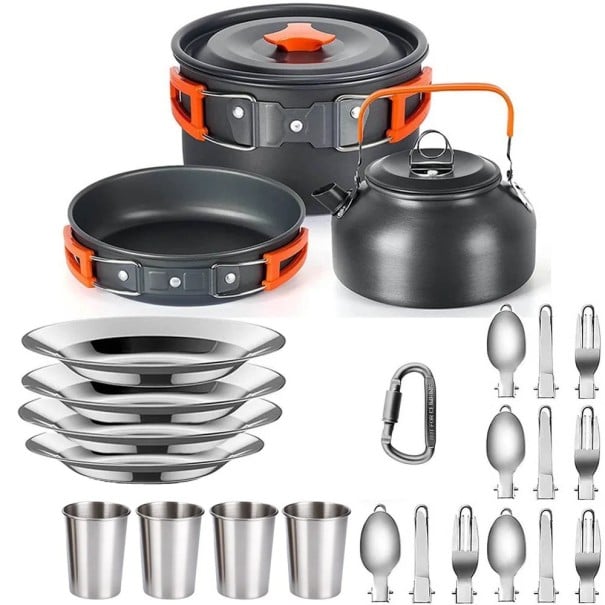 Sada kempingového nádobí s konvicí 800 ml Hrnec 175 x 95 mm pánev 180 x 45 mm a hrnky 330 ml Tvrdá hliníková slitina Pro 4 osoby 1