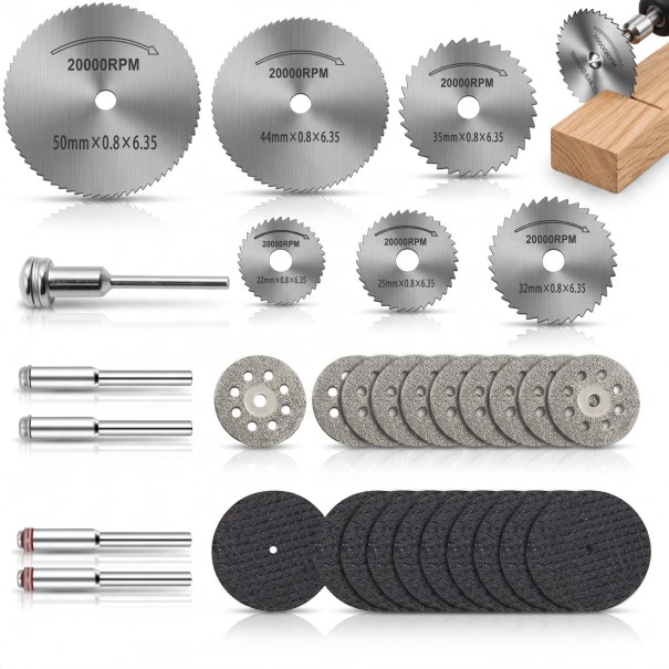 Sada kotoučů pro mikrobrusku 31 ks Pilové kotouče HSS 22 až 50 mm Diamantové a řezné Trny 3,17 mm Stříbrné a černé Na dřevo kov a kámen 1