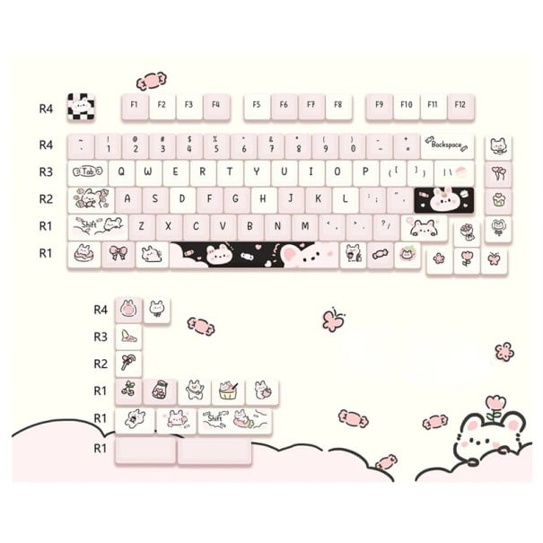 Sada krytek na klávesy cartoon motiv 95 ks PBT MOA profil růžová bílá keycaps pro mechanickou klávesnici herní 1