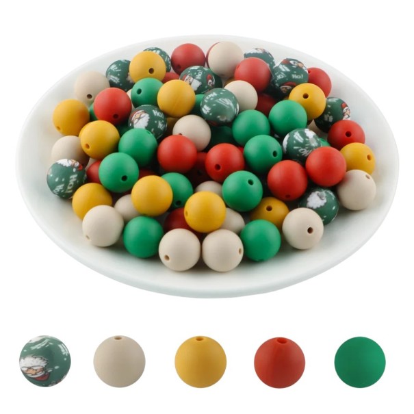 Sada kulatých silikonových korálků 15 x 15 mm 20 ks v pěti Vánočních barvách po 4 kusech pro výrobu náramků, náhrdelníků, přívěsků a dekorací 1