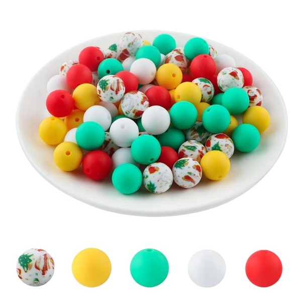 Sada kulatých silikonových korálků 15 x 15 mm 20 ks v pěti Vánočních odstínech po 4 kusech pro tvorbu náramků, náhrdelníků, přívěsků a dekorací 1