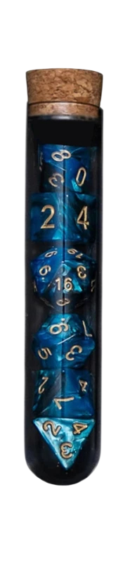 Sada mnohostěnných hracích kostek 7 ks v lahvičce na lektvary Fantasy kostky pro Dračí doupě RPG stolní hry modrá
