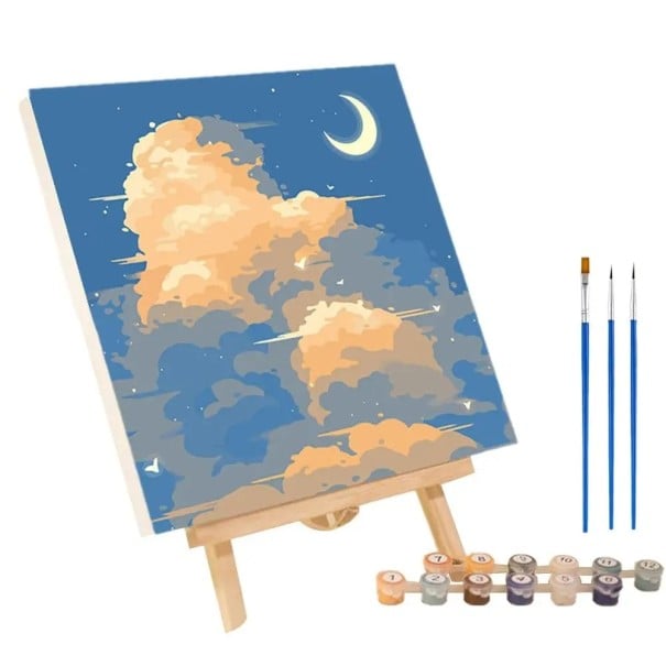 Sada na maľovanie podľa čísel 20x20 cm Nočné alebo s obláčikmi a mesiacom Kreatívna výtvarná sada Akrylové farby Plátno Štetce Dekorácie 1