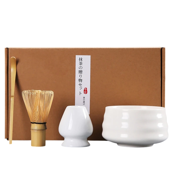 Sada na Matcha čaj 4dílná Keramická miska Chawan Bambusová metlička i naběračka Stojánek na metličku Příprava japonského zeleného čaje 1