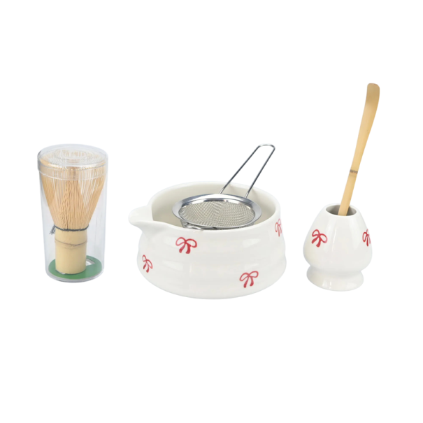 Sada na Matcha čaj 5dílná Miska s hubičkou Bambusová metlička i stojánek Sítko a lžička Tradiční japonská příprava zeleného čaje 1